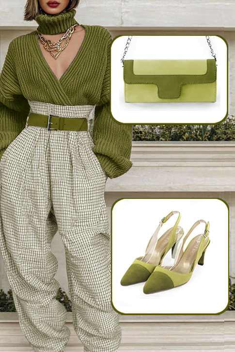 Women's pistachio green elegant slingback heels. Tapered toe. Medium slim heel - Worn view